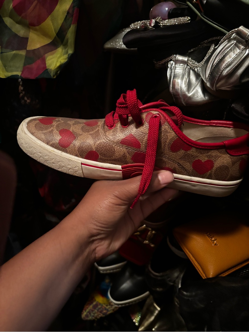 Coach Brown Canvas Sneaker with Red Heart Print and Red Trim